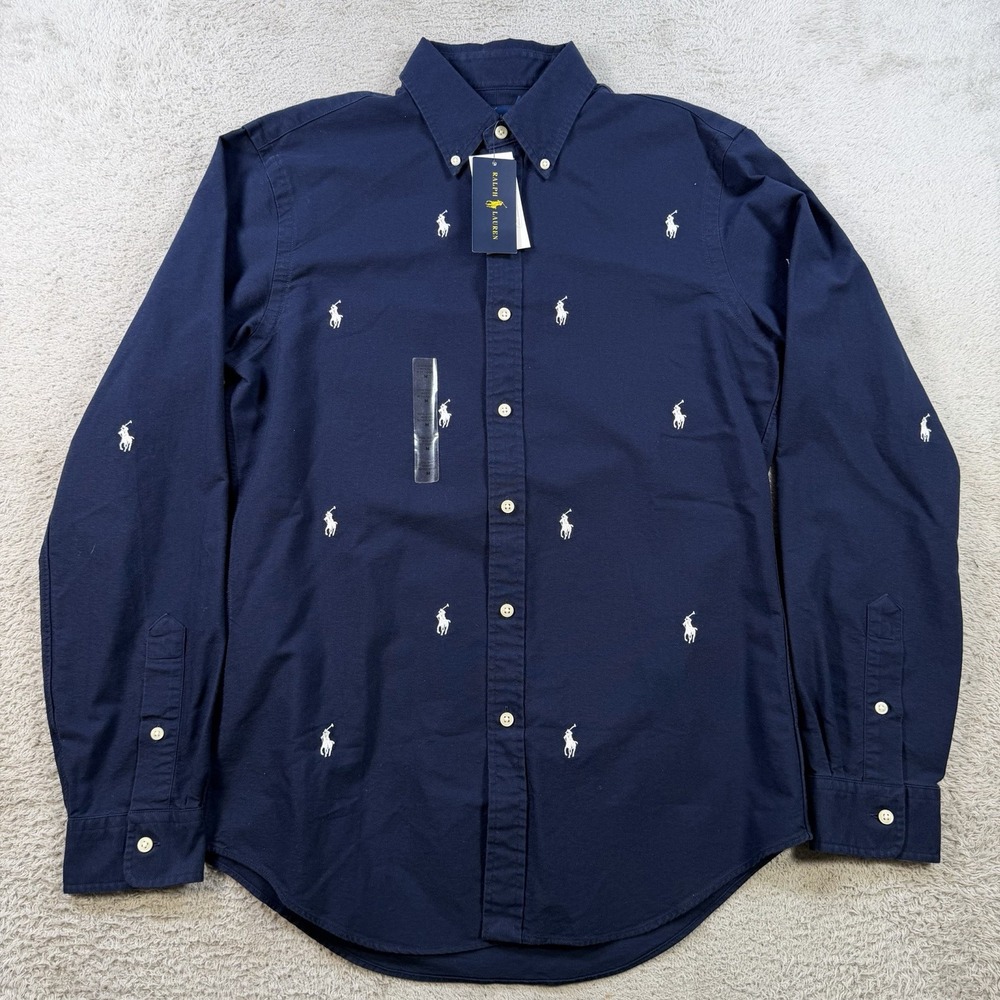 Polo Ralph Lauren Shirt Mens Medium Navy Slim Fit Button Down Pony All Over